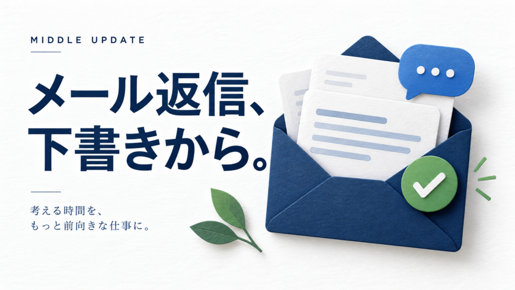メール返信の下書き作成を表す封筒、吹き出し、確認マークのイラスト