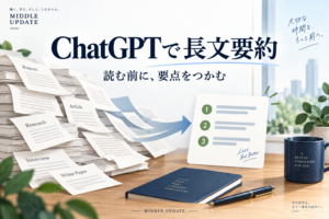 長い文書が短い要点メモにまとまる様子を表したイラスト