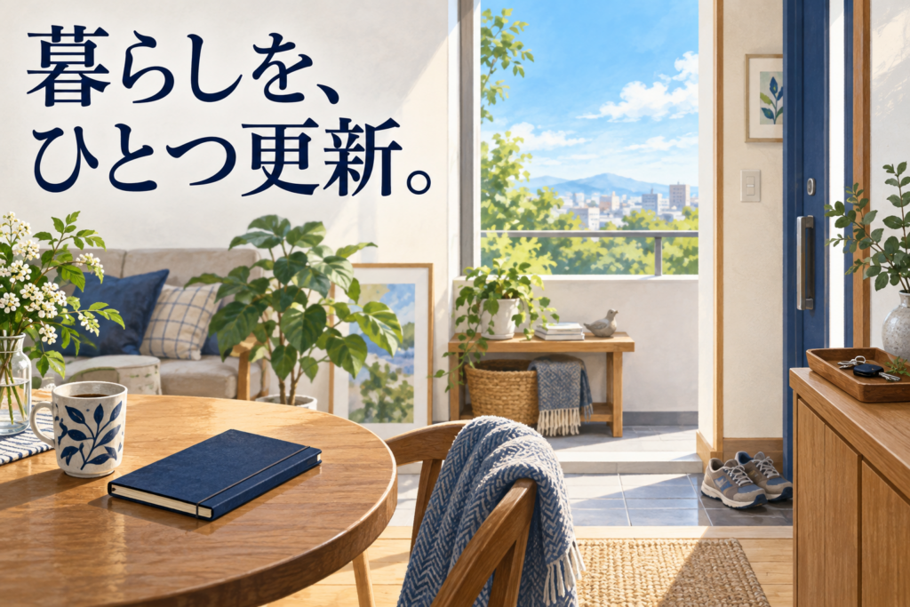 鍵のトレーや本、靴を配した明るい部屋と、暮らしを、ひとつ更新。の文字