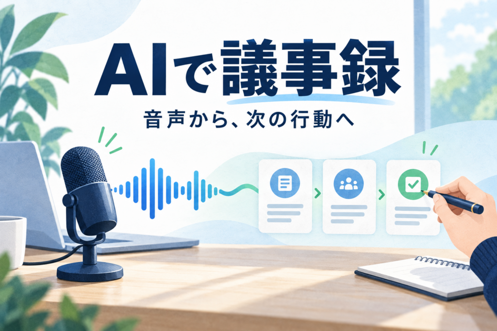 マイクの音声を議事録へ整理し、人が確認するイメージ