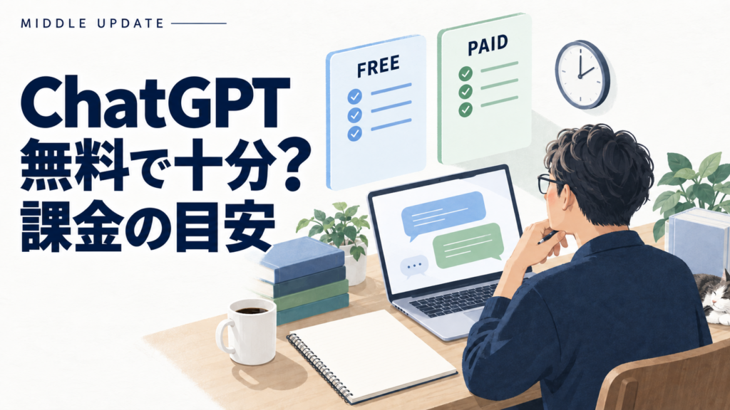 ChatGPTの無料版と有料版を、時計とノートを添えて比較するイラスト