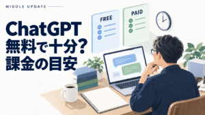 ChatGPTの無料版と有料版を、時計とノートを添えて比較するイラスト