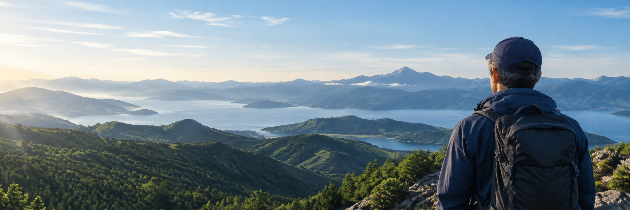 山と湖を眺めるハイカーの後ろ姿